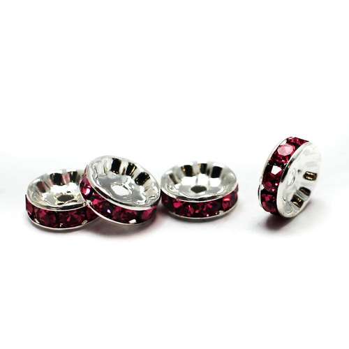 Crystal Diamante Silver Spacer Flat Rondelle - 10mm - Fuschsia
