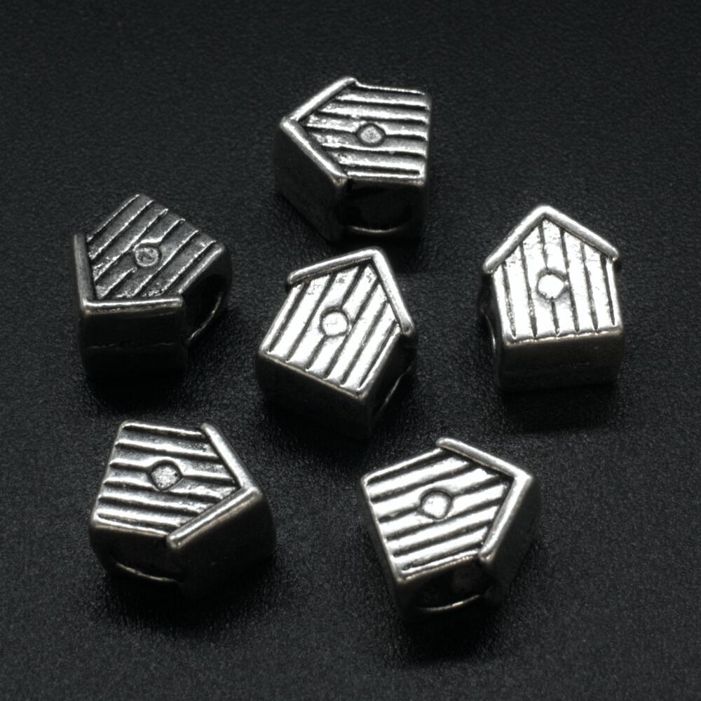 Ant. Silver Charm Bead Bird House 10mm Large Hole 1pc for jewellery making
