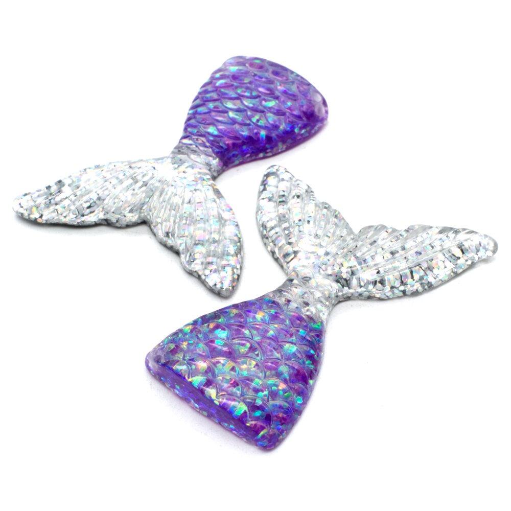 Resin Glitter Pendant / Charm Mermaid Tail 67mm Silver Purple for jewellery making