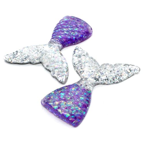 Resin Glitter Pendant / Charm Mermaid Tail 67mm Silver Purple for jewellery making