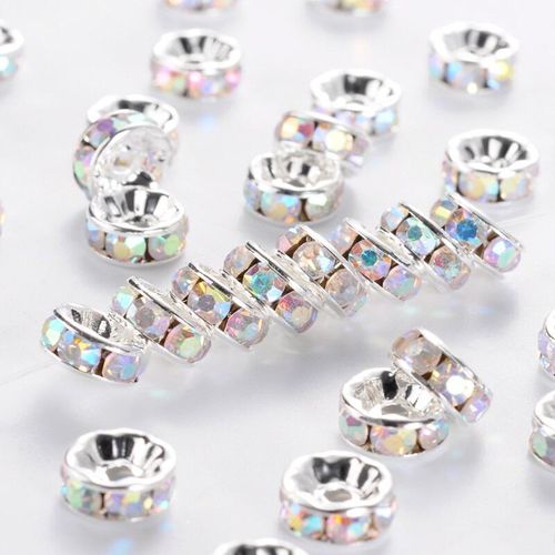 Diamante Spacer Rondelle Beads 8mm Silver Crystal AB 20pc 20 Pieces for jewellery making