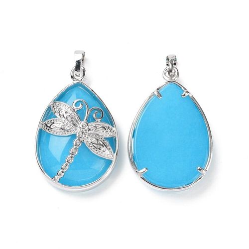Dragonfly Pendant with Dyed Blue Jade Gemstone 40mm for jewellery making