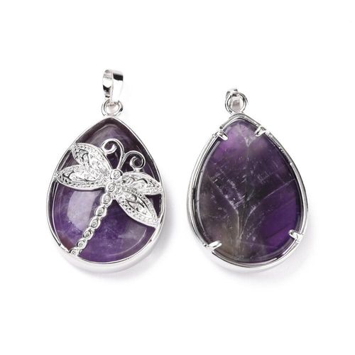Dragonfly Pendant with Amethyst Gemstone 40mm for jewellery making
