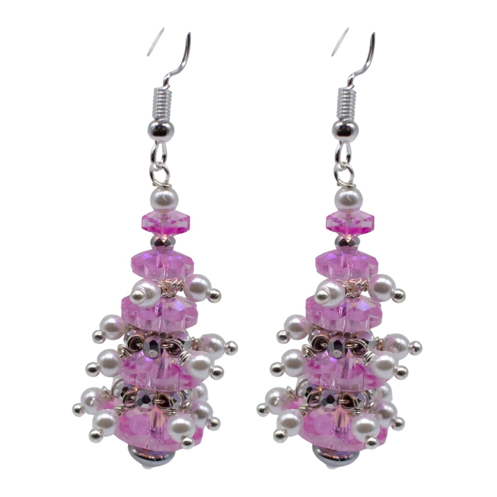 Christmas Tree Earrings with Baubles 2 Pairs ab & pink earring making kit — DIY set with beads and instructions for creating handmade jew…