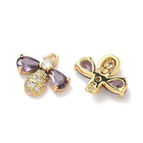 Brass CZ Bee Charm 14mm 1pc Amethyst for jewellery making
