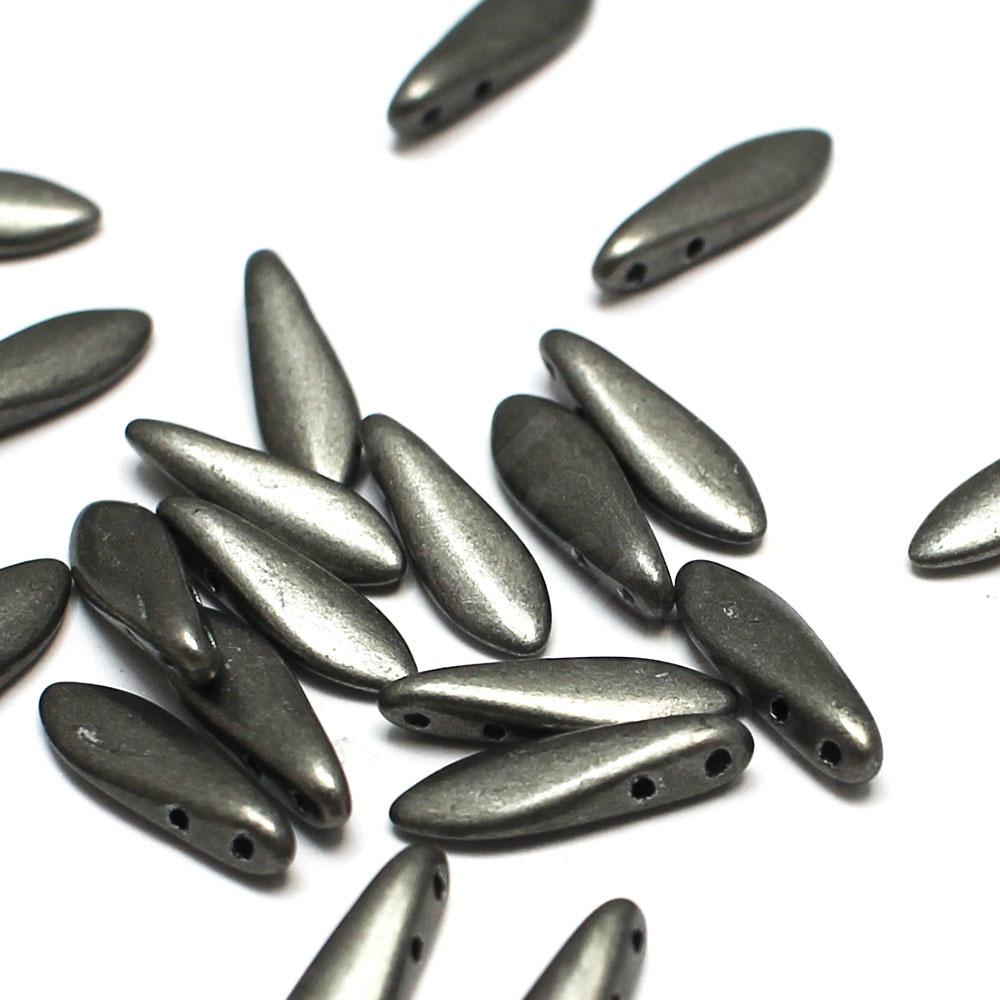 5x16mm Czech glass glass beads metallic frost grey — high-quality two-hole beads ideal for jewelry making, bead weaving, and crafts