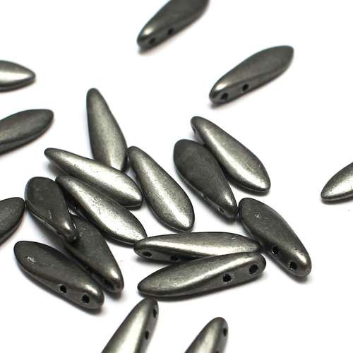5x16mm Czech glass glass beads metallic frost grey — high-quality two-hole beads ideal for jewelry making, bead weaving, and crafts