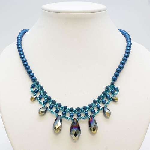 Crystal Drop Netted Necklace dark cyan necklace making kit — DIY set with beads and instructions for creating handmade jewelry
