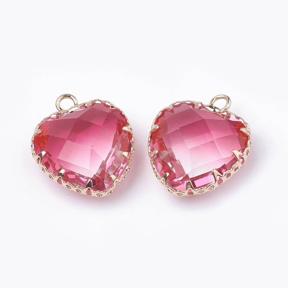 Facet Glass Heart Pendant with Gold Frame 16mm Hot Pink for jewellery making