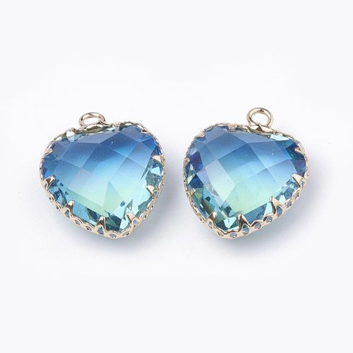 Facet Glass Heart Pendant with Gold Frame 16mm Sky Blue for jewellery making