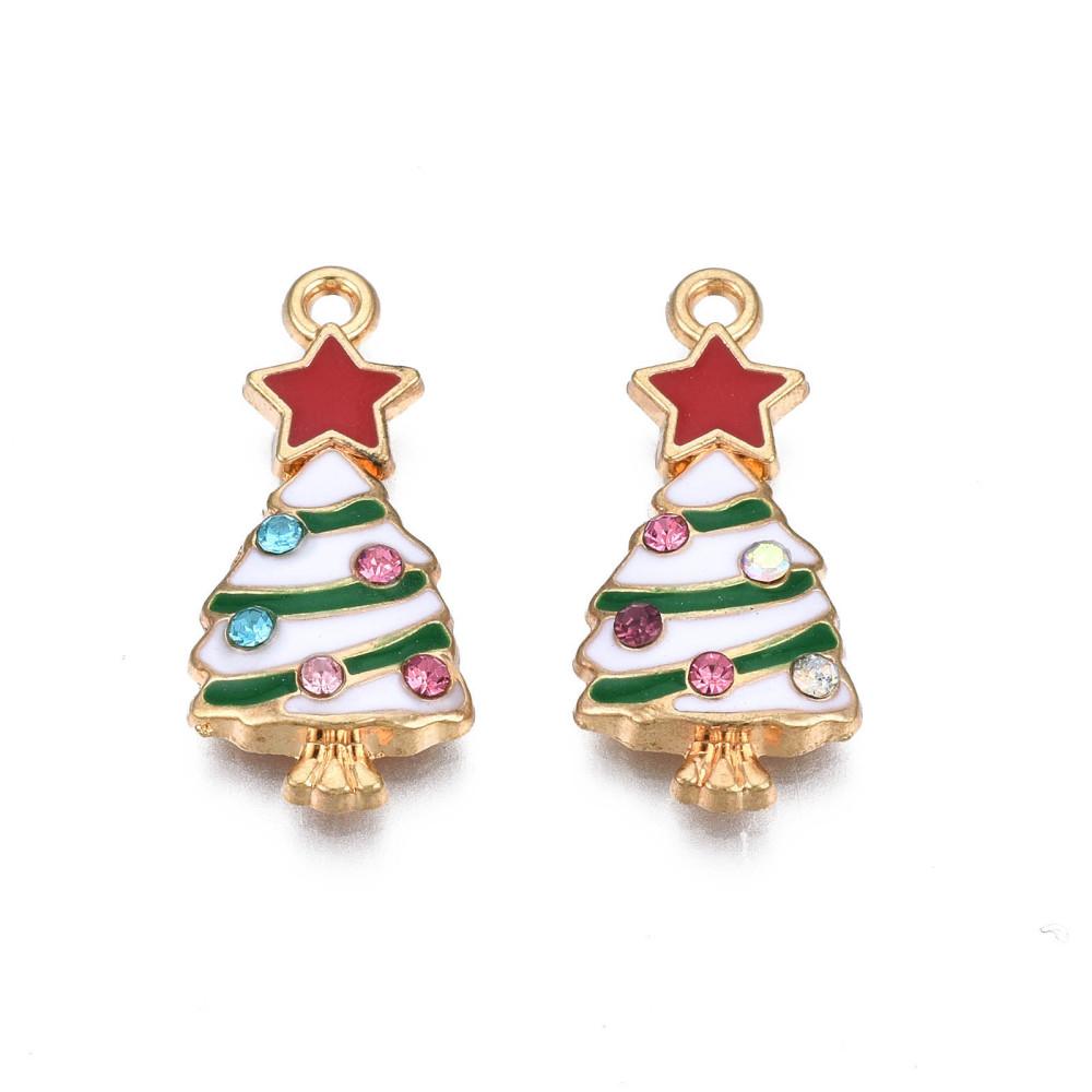 Enamel Christmas Gold Charm White Tree Red Star with CZ 2pc 23 x 11mm for jewellery making