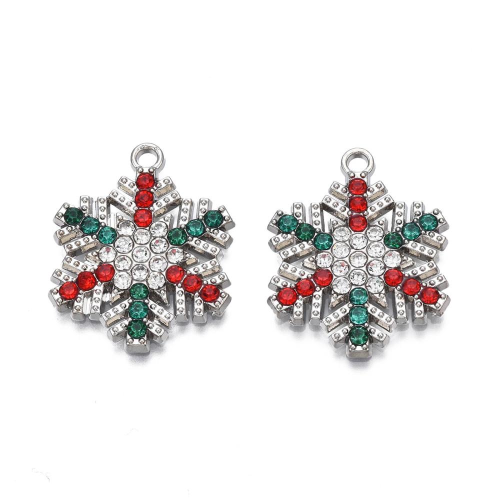 Enamel Christmas Rhodium Charm Flat Snowflake with CZ 1pc 24 x 20mm for jewellery making