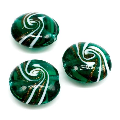 Lampwork Glass Bead Emerald & Gold Swirl Disc 20mm 1pc for jewellery making