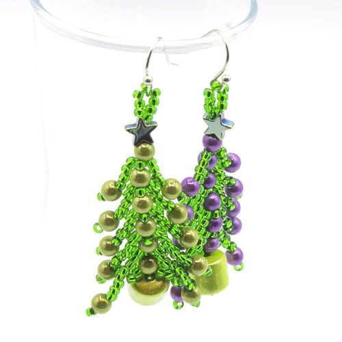 Christmas Tree Earrings Makes 6 plum lime earring making kit — DIY set with beads and instructions for creating handmade jewelry