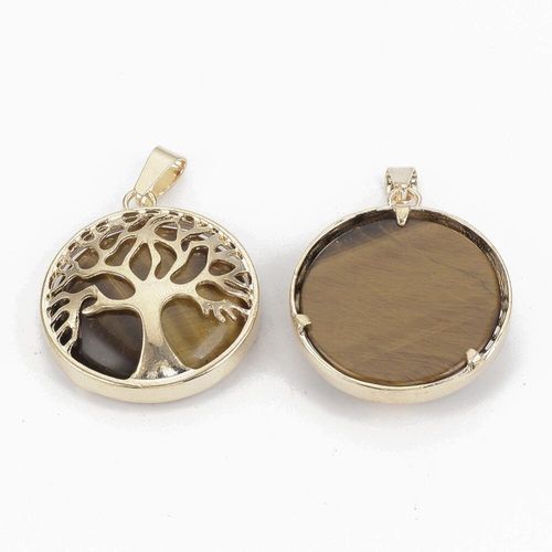Tree of Life Gold Pendant with Tiger Eye Gemstone 27mm for jewellery making