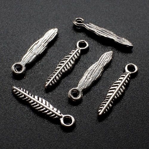 Antique Silver Metal Charm Long Leaf 19mm 14pcs for jewellery making