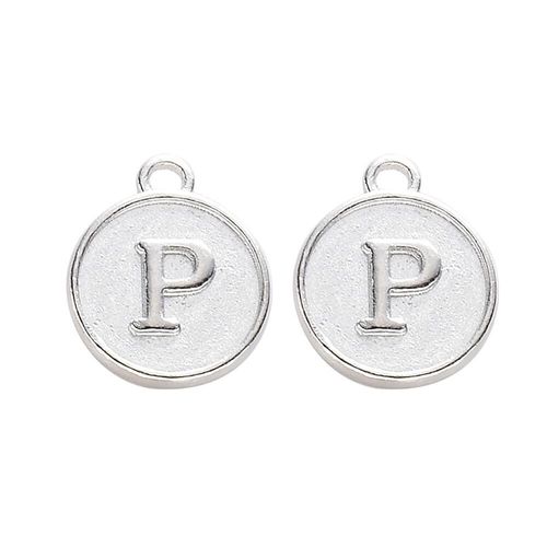 Disc Letter Charm Rhodium 12mm P for jewellery making