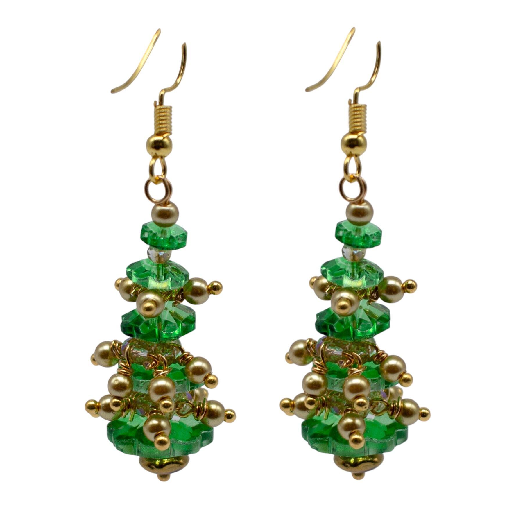 Christmas Tree Earrings with Baubles 2 Pairs green & red earring making kit — DIY set with beads and instructions for creating handmade j…