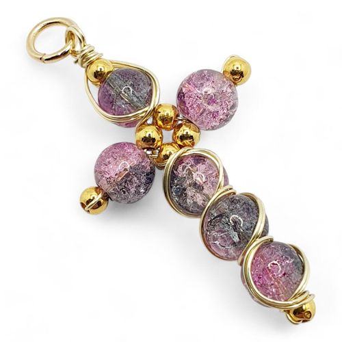 Crackle Cross Pendant Makes 10 pink grey jewelry making kit — DIY set with beads and instructions for creating handmade jewelry