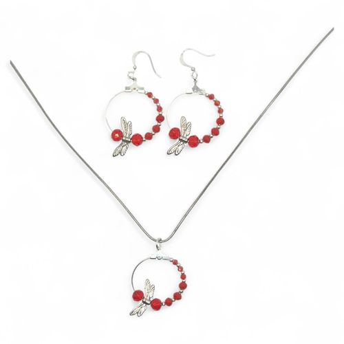 Dragonfly Earrings & Pendant red earring making kit — DIY set with beads and instructions for creating handmade jewelry