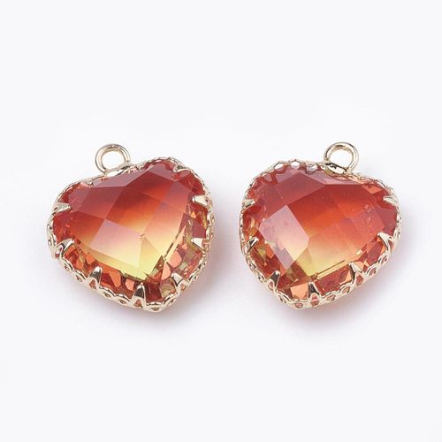 Facet Glass Heart Pendant with Gold Frame 16mm Red Yellow for jewellery making