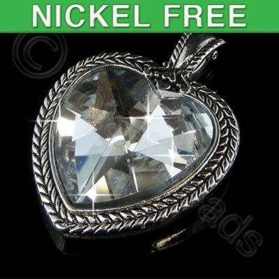 Antique Silver Pendant - Crystal Heart 37mm