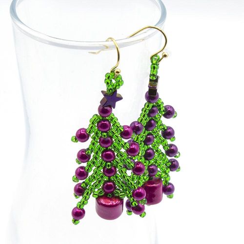 Christmas Tree Earrings Makes 6 fuschia fig earring making kit — DIY set with beads and instructions for creating handmade jewelry