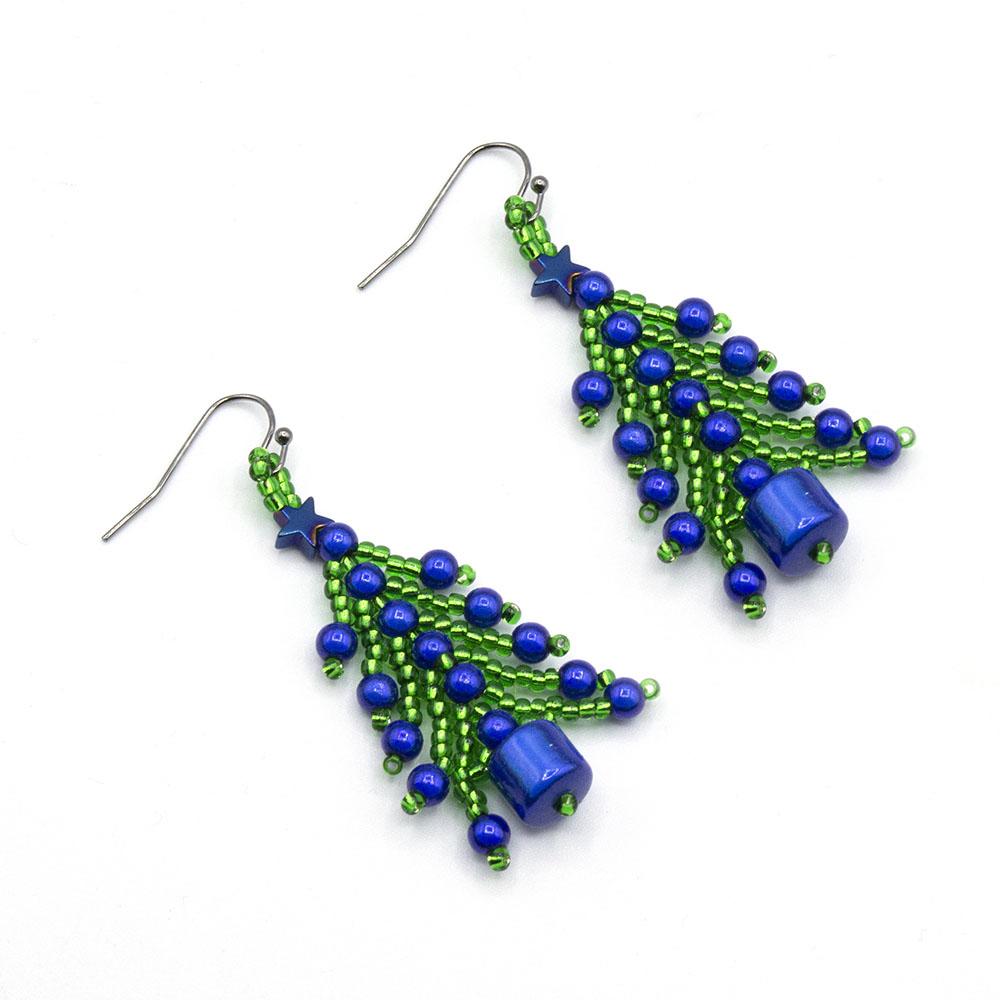 Christmas Tree Earrings Makes 6 ice blue earring making kit — DIY set with beads and instructions for creating handmade jewelry