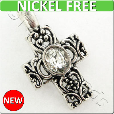 Antique Silver Metal Pendant - Crystal Cross 45mm