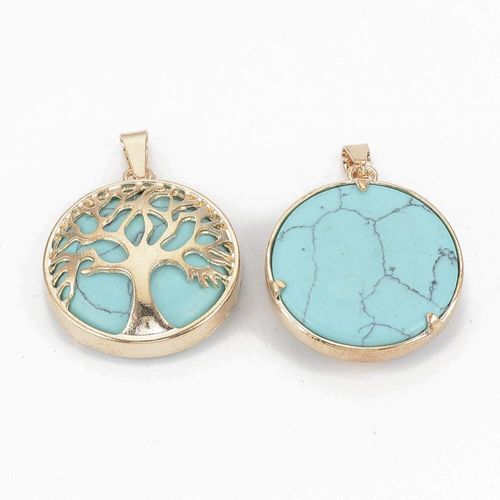 Tree of Life Gold Pendant with Syn. Turquoise 27mm for jewellery making