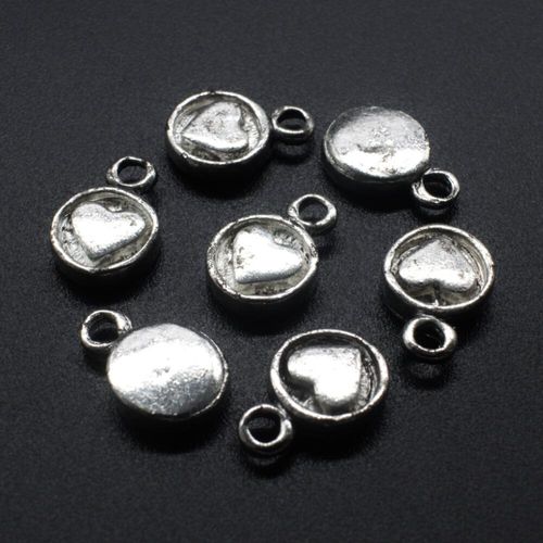 Antique Silver Metal Charm Heart Disc 9mm 12pcs for jewellery making