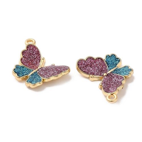 Enamel Gold Charm 19mm Butterfly Glitter Blue & Pink 2pc for jewellery making