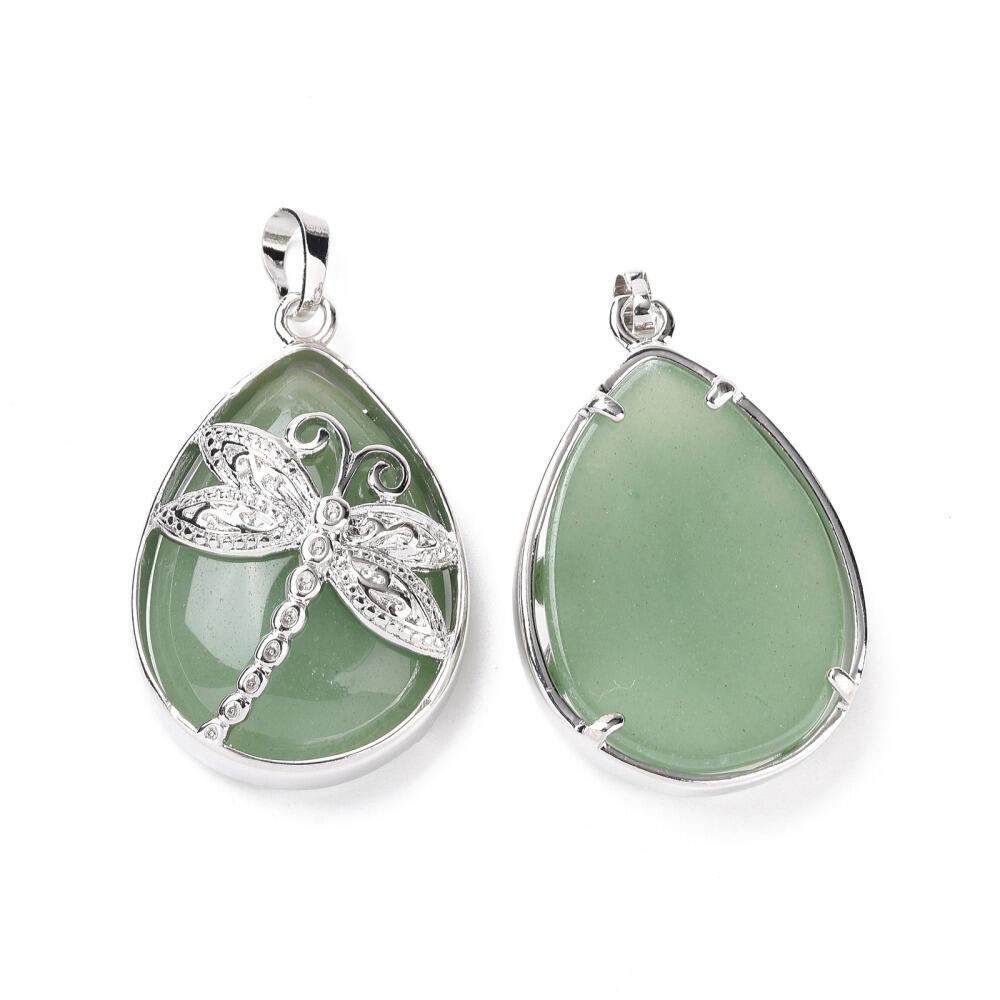 Dragonfly Pendant with Green Avenuturine Gemstone 40mm for jewellery making