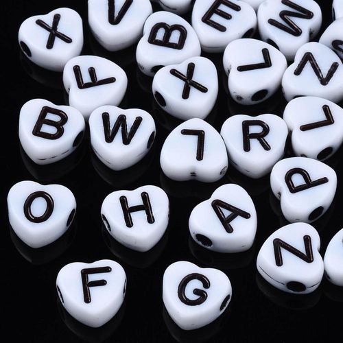 Acrylic Alphabet Beads Flat Heart 7mm Black & White 400pcs for jewellery making