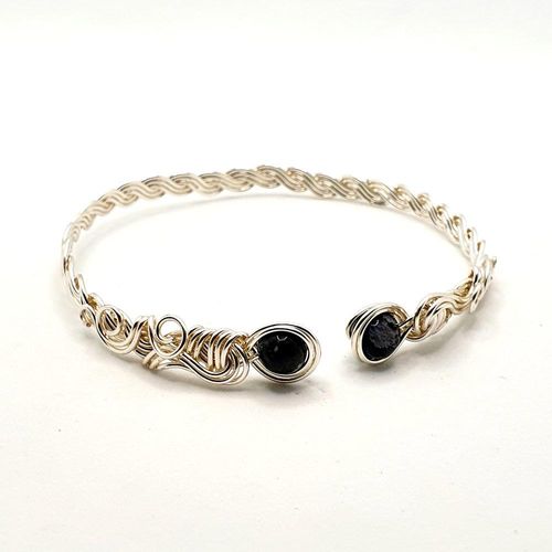 Gemstone Wire Bangle Silver & Snowflake Obsidian 8mm for jewellery making