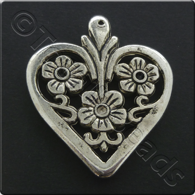 Metalised Antique Silver Heart 34x40x4mm - 3 Flowers Flat