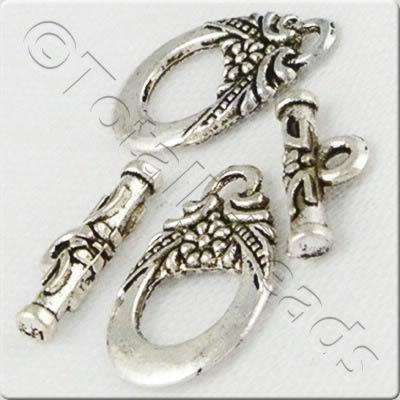 Metal Toggle - 18x12mm Oval Flower Antique Silver