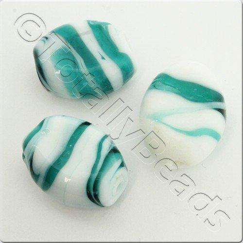 Lampwork Glass Bead Oval 23mm - Teal White Swirl
