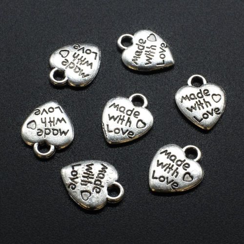 Antique Silver Metal Charm Made with Love Heart 10mm 25pcs for jewellery making