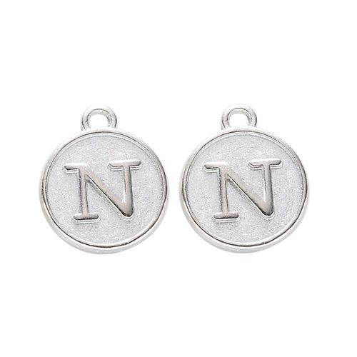 Disc Letter Charm Rhodium 12mm N for jewellery making