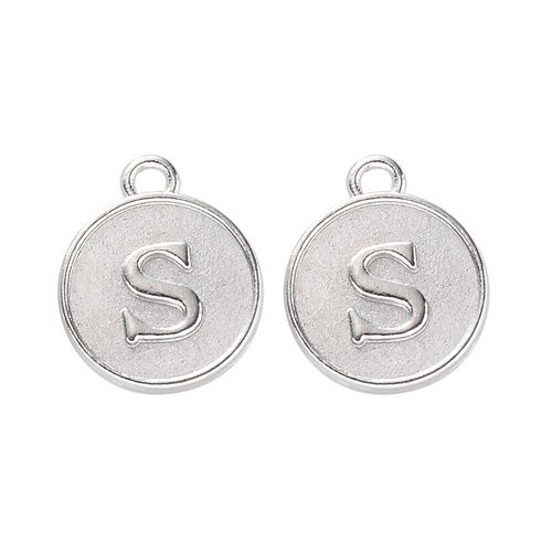 Disc Letter Charm Rhodium 12mm S for jewellery making