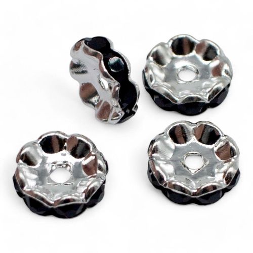 Diamante Spacer Rondelle Beads 10mm Silver Jet Black 4pc 4 pieces for jewellery making