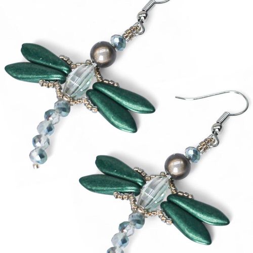 Crystal Dragonfly Earrings Kit dark green earring making kit — DIY set with beads and instructions for creating handmade jewelry