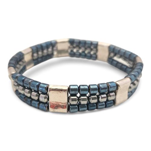 Triple Strand Drum Bracelets silver blue bracelet making kit — DIY set with beads and instructions for creating handmade jewelry