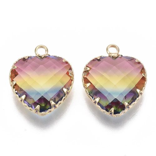 Facet Glass Heart Pendant with Gold Frame 16mm Multicolour for jewellery making