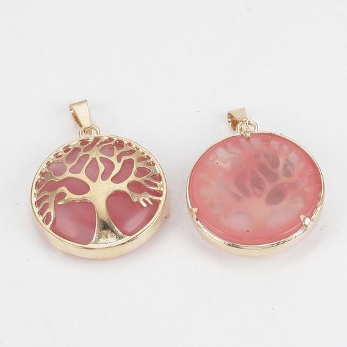 Tree of Life Gold Pendant with Watermelon Gemstone 27mm for jewellery making