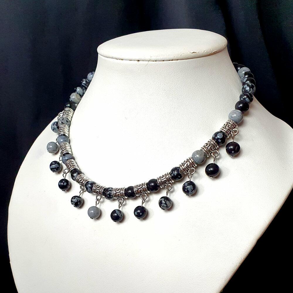 Gemstone Hanger Necklace snowflake obsidian necklace making kit — DIY set with beads and instructions for creating handmade jewelry