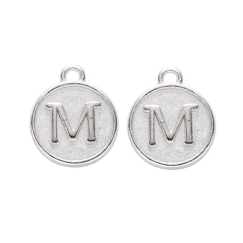 Disc Letter Charm Rhodium 12mm M for jewellery making