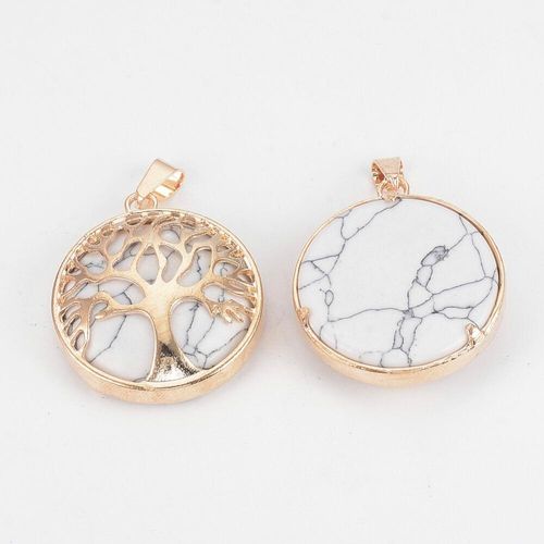 Tree of Life Gold Pendant with White Howlite Gemstone 27mm for jewellery making