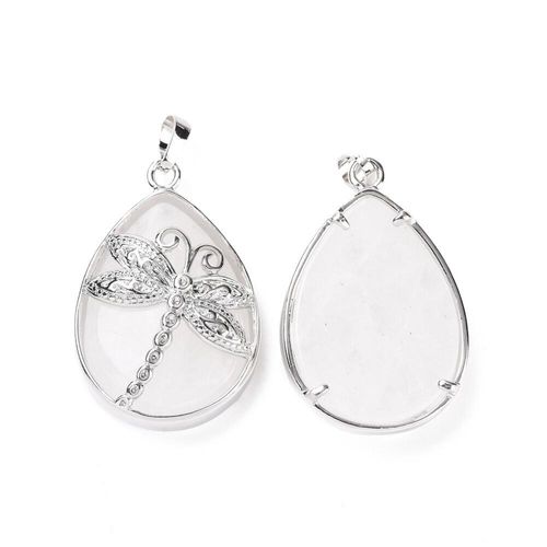 Dragonfly Pendant with Rock Crystal Gemstone 40mm for jewellery making